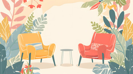 A colorful room with two orange chairs and a blue table