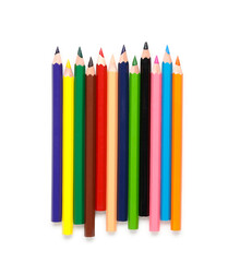 Many colorful pencils on white background
