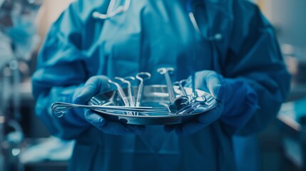 Close-up of a doctor holding a dish with various surgical instruments for an operation