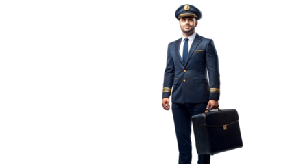 Confident Pilot In Uniform Holding Briefcase Standing Against White Background