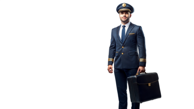 Confident Pilot In Uniform Holding Briefcase Standing Against White Background