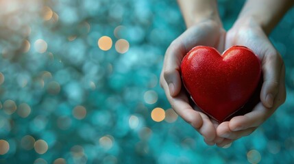 Fototapeta premium International day of charity. Horizontal banner. Hands holding red heart. Free space for text. Charity, volunteering, help, care concept.