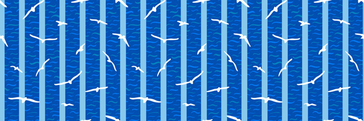 Seagulls, stripes and water waves abstract seamless pattern. Blue costal summer vacation background banner