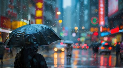 A vivid photo captures a person walking under an umbrella in a bustling city during a heavy rainstorm.
