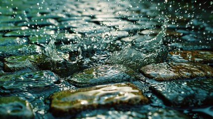 A clear photo showcases raindrops splashing in a puddle on a cobblestone street.