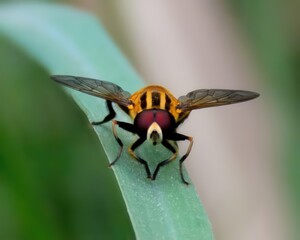 Detailed close up of a Hoverfly Syrphidae known as flower fly syrphid fly, shows its intricate...