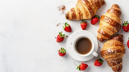 Freshly baked croissants, strawberries, and a cup of coffee arranged around a white copy space