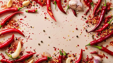 Hot peppers, garlic cloves, and chili powder forming a vibrant frame with a central copy space