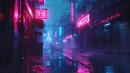 Cyberpunk streets illustration, futuristic city, dystoptic artwork at night, 4k wallpaper. Rain foggy, moody empty future