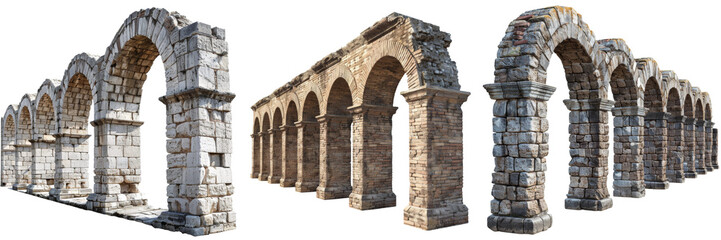 Fototapeta premium Ancient Roman Aqueduct Brick Wall Set Isolated on Transparent or White Background, PNG