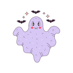 Halloween Ghost character vector illustration. Funny comic ghost with flying bats and stars. Halloween childish print, greeting card, poster design.