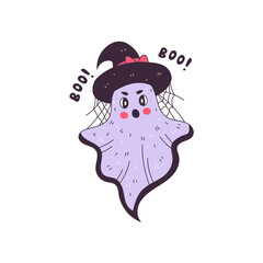 Ghost Character in witch hat. Comic cartoon ghost in retro style with spider's web crying boo. Halloween holiday design. Vector illustration