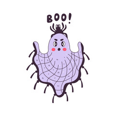Spooky ghost character with spider. Comic creepy ghost in checkered plaid with big spider on his head crying boo. Vector illustration. Halloween holiday design