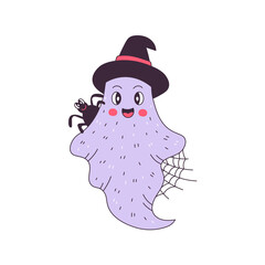 Happy Halloween ghost with spider and web. Cute comic ghost in witch hat. Classic cartoon retro style. Vector illustration. Halloween design.
