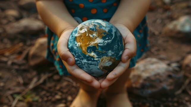World Humanitarian Day. Horizontal banner. Planet earth in the human palms. World environment day, International Day of charity. Caring for people, the environment, helping those in need. Copy space
