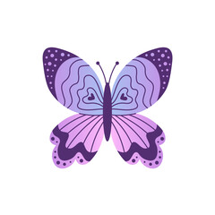 Butterfly gradient doodle style. Cute neon colored insect with lines, dots, hearts. Decorative vector illustration.