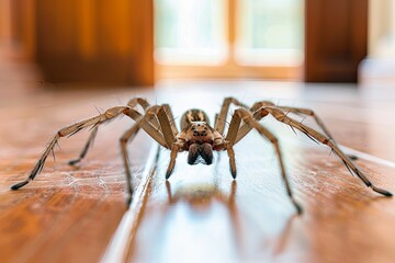 A sizeable arachnid with multiple eyes, known as a spider, rests on a wooden surface. This terrestrial organism, an invertebrate pest, is a type of arthropod commonly found indoors