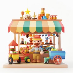Obraz premium 3D Render, Low Poly style of a toy merchant with shelves of handcrafted wooden toys, on isolated white background, Generative AI