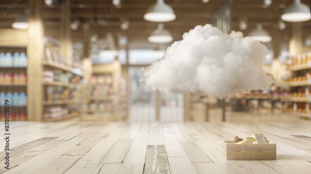 Poster use blank cloud for text design foreground with gift department and souvenirs in blurred background