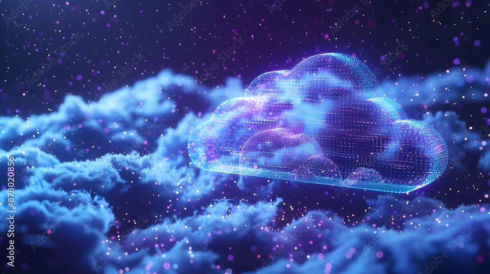 Poster 3d render of a digital cloud icon surrounded by glowing lights, symbolizing cloud computing and futu