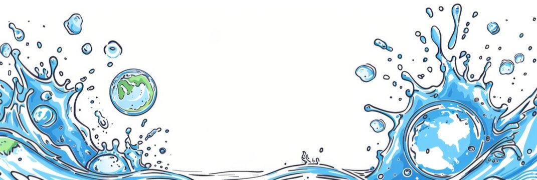 Horizontal banner. World Water Week. Drops, splashes and waves of water on a white background. Free space for text. Flat illustration. Save water and environment concept. Climate change problem