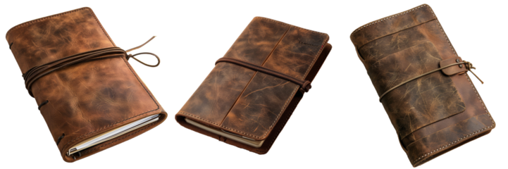 Brown Travelers Notebook Leather Cover Set Isolated on Transparent or White Background, PNG