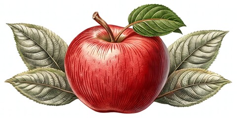 Vintage ornate engraved illustration of a single ripe red apple with leafy stem and detailed botanical textures on a transparent background in PNG format.