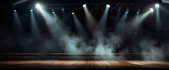 Illuminated stage with scenic lights and smoke. color vector spotlight with smoke volume light effect on black background. Stadium cloudiness projector
