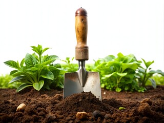 A rustic shovel lies abandoned in a freshly tilled garden bed, surrounded by rich soil and vibrant greenery, evoking a sense of agricultural preparation.