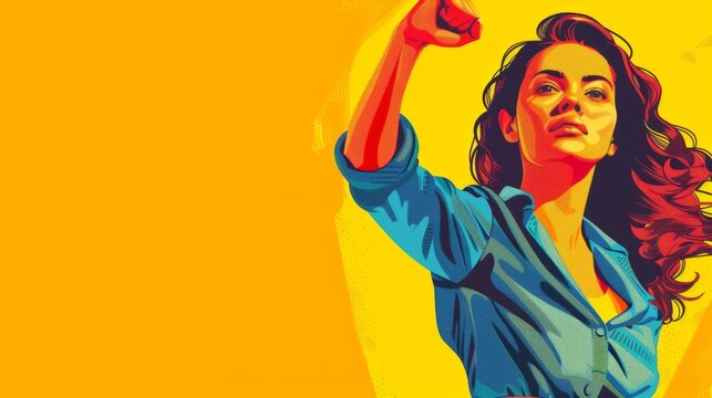 Women's Equality Day. Horizontal banner. Beautiful woman with her hand clenched into a fist raised up on a yellow background. Free space for text, copy space. concept of women empowerment