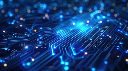 Circuit Board with Blue Glowing Lines