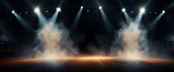 Fototapeta premium color vector spotlight with smoke volume light effect on black background. Stadium cloudiness projector, Illuminated stage with scenic lights and smoke