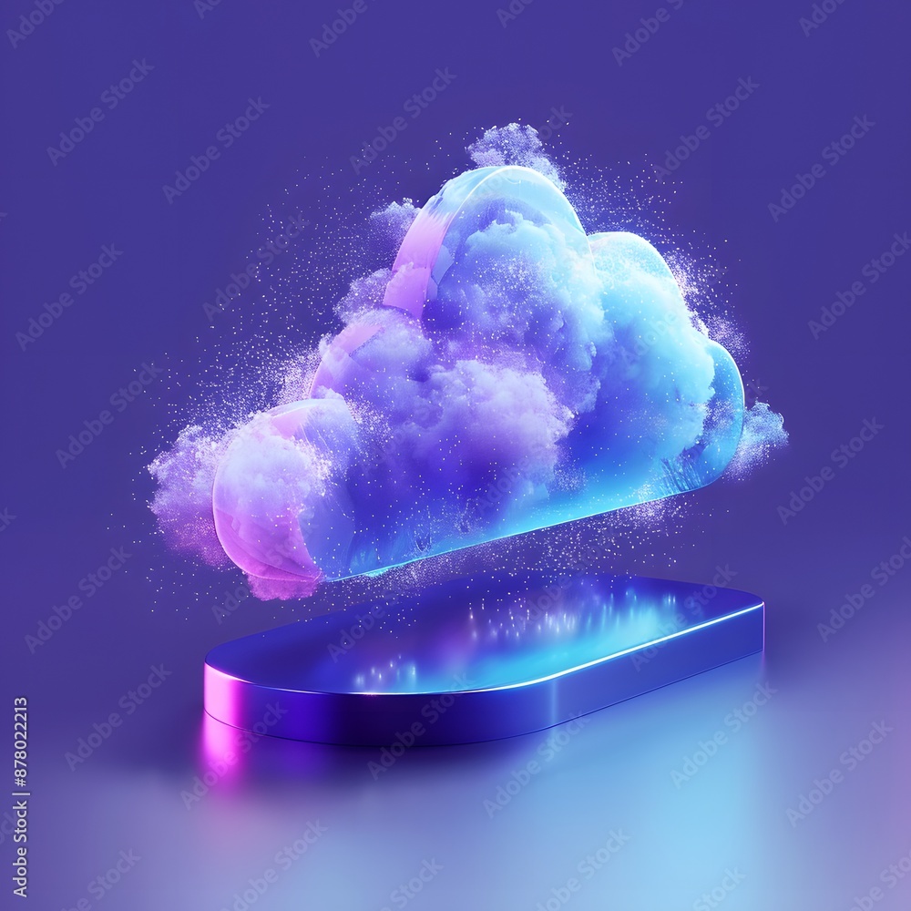 Poster a vibrant digital cloud hovering over a glowing platform, symbolizing cloud computing and innovative