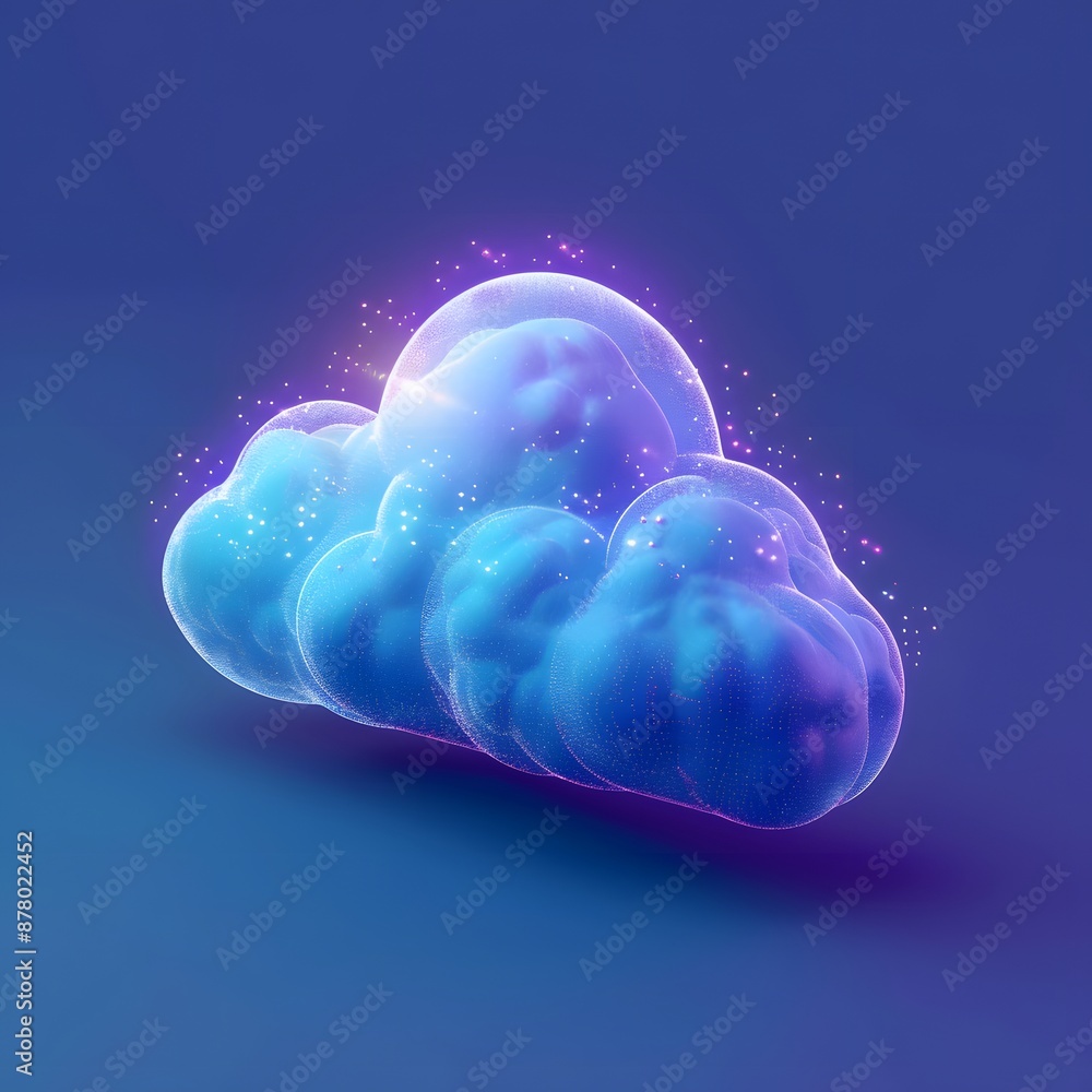 Poster abstract 3d rendering of a luminous, glowing cloud with vibrant colors and sparkles on a blue backgr