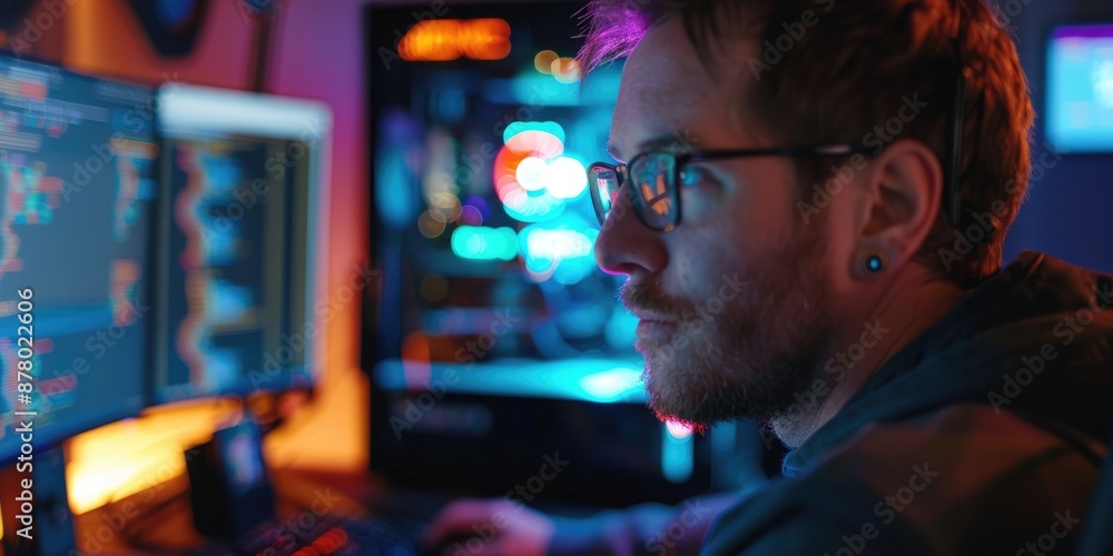Poster young professional coding on multiple monitors in modern, illuminated workspace. intense and concent