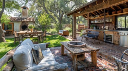 ranch house with a backyard featuring a rustic outdoor kitchen, complete with a cob oven and reclaimed wood furniture