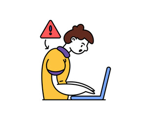 kyphosis. illustration of a man stooping because he has been sitting and using a laptop for too long. hunched body posture. habits and lifestyle. spine problems. outline style character design