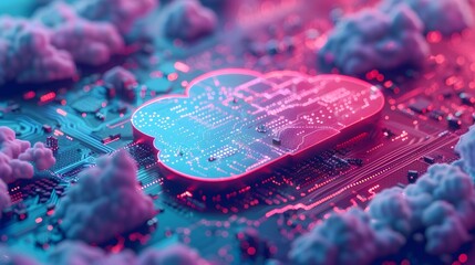 Abstract digital cloud computing concept with pink and blue hues. Close-up of a circuit board cloud among other cloud elements.