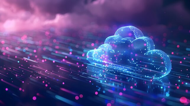 Abstract representation of cloud computing technology with neon lights and futuristic digital data stream.