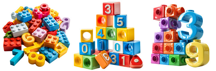 Colorful Toy Building Blocks Numbers Set Isolated on Transparent or White Background, PNG