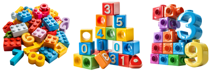 Colorful Toy Building Blocks Numbers Set Isolated on Transparent or White Background, PNG