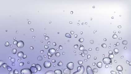 Realistic 3d background with fizzy bubble in carbonated effervescent soda water or soluble tablet rise from bottom up. Vector illustration bg with underwater sparkling oxygen or gas soda round blob.