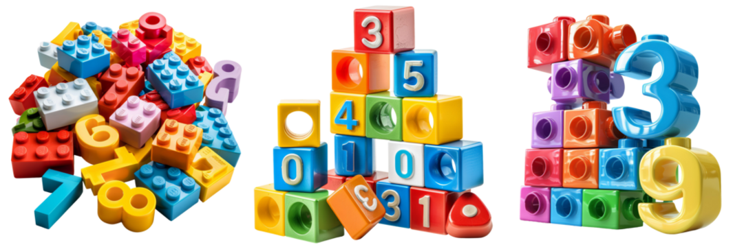 Colorful Toy Building Blocks Numbers Set Isolated on Transparent or White Background, PNG