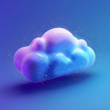 Colorful 3D cloud illustration with gradient and sparkles on blue background, symbolizing technology, creativity, and digital innovation.