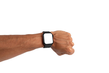 Male hand wearing a black metal smartwatch isolated no background blanc screen mockup