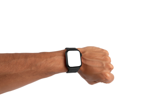 Male hand wearing a black metal smartwatch isolated no background blanc screen mockup