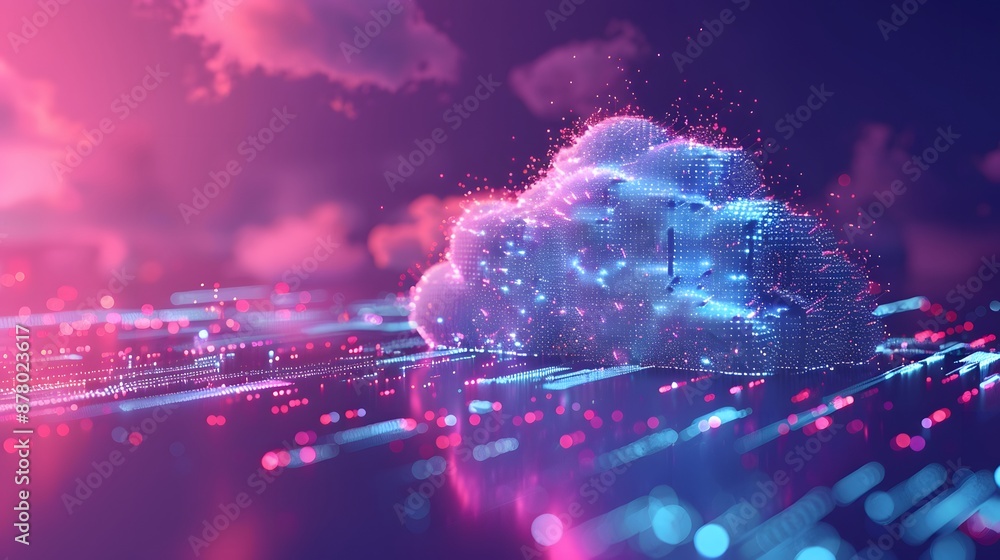 Poster digital cloud concept with neon lights and data streams, representing cloud computing, data storage,