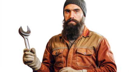 Bearded Mechanic Holding Wrench Wearing Work Gear