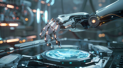Obraz premium White robot arm using digital technology connection. 3D rendering on big data network connection background, Science and artificial intelligence technology.