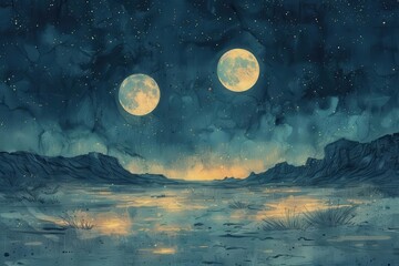 Nighttime on an Alien Moon An illustration of a peaceful night on a distant moon